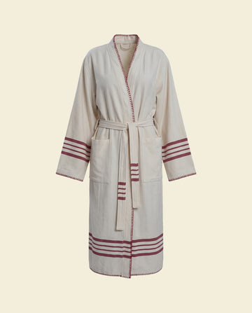 hamam badjas Krem Sultan natural bordeaux met farmer stitch - op kleur
