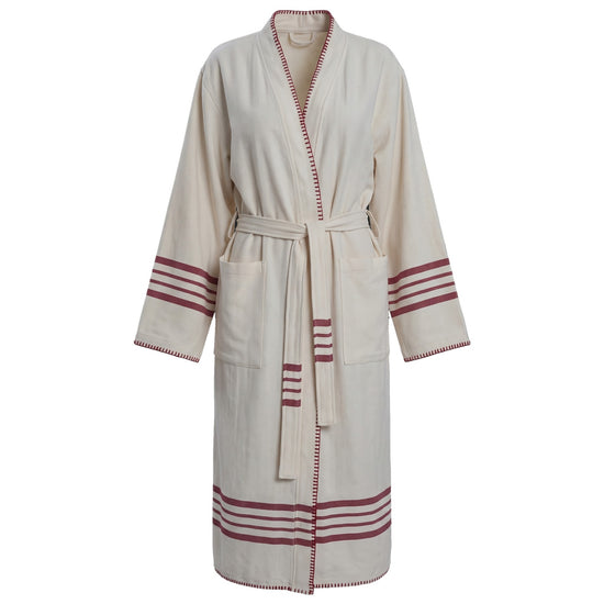 hamam badjas Krem Sultan natural bordeaux met farmer stitch - vrijstaand