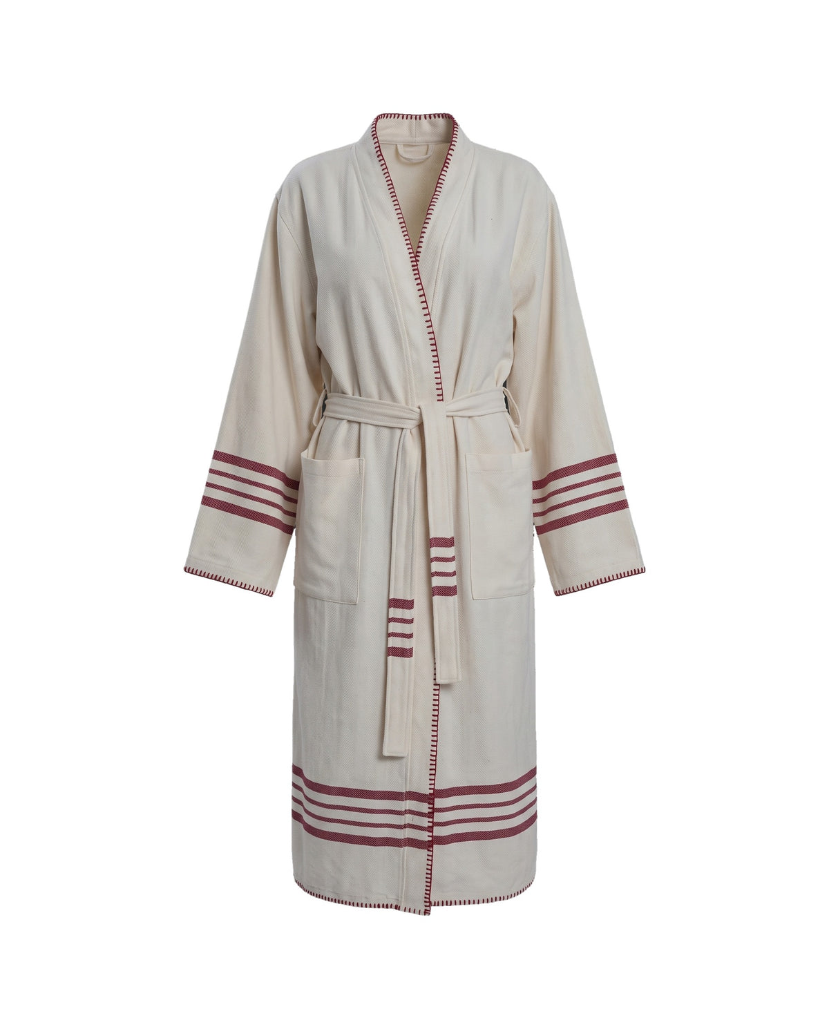 hamam badjas Krem Sultan natural bordeaux met farmer stitch - vrijstaand