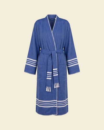 hamam badjas Krem Sultan royal blue met farmer stitch - op kleur