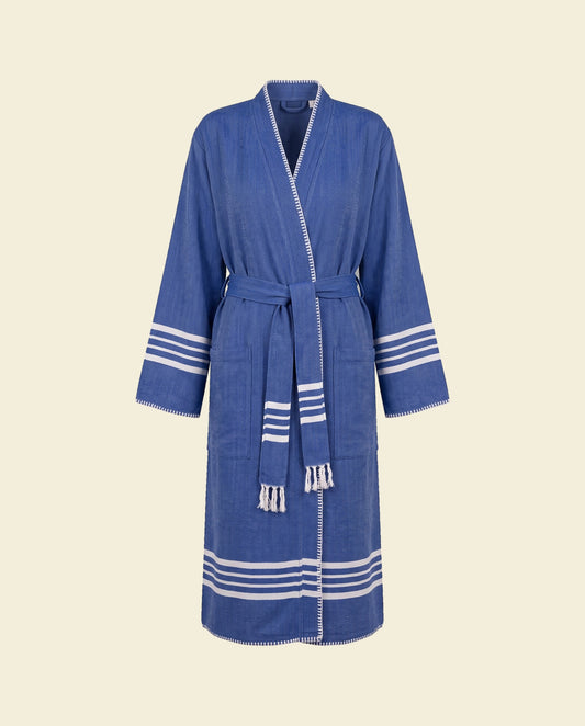 hamam badjas Krem Sultan royal blue met farmer stitch - op kleur