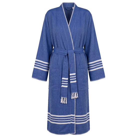 hamam badjas Krem Sultan royal blue met farmer stitch - vrijstaand