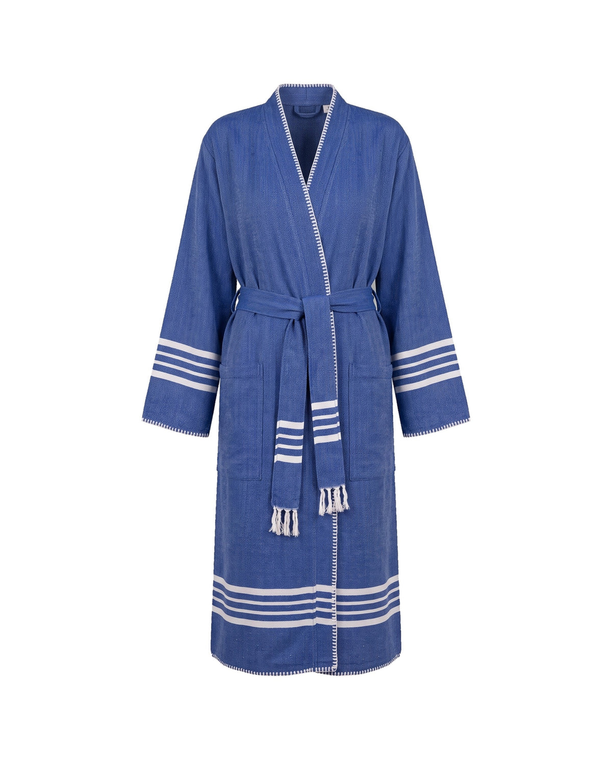 hamam badjas Krem Sultan royal blue met farmer stitch - vrijstaand