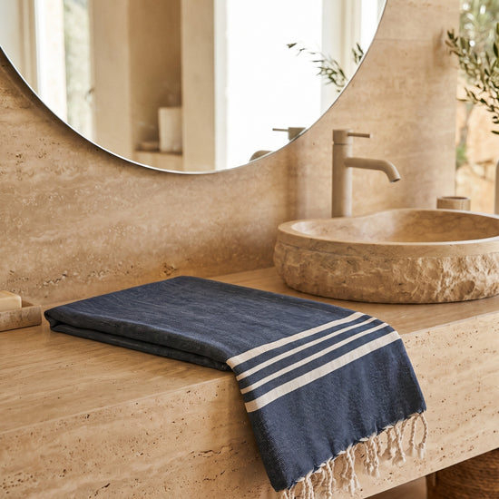 Hamamdoek XL navy – Krem Sultan - sfeer