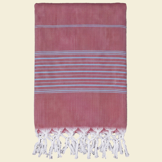 hammamhanddoek dun bordeauxrood/blauw - op kleur