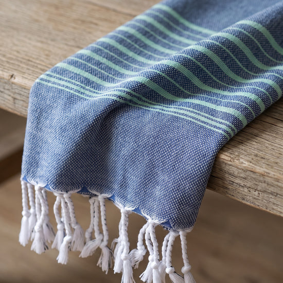 hammamhanddoek dun marineblauw/helderzeegroen - detail