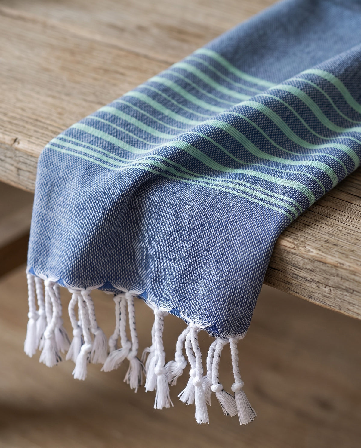 hammamhanddoek dun marineblauw/helderzeegroen - detail