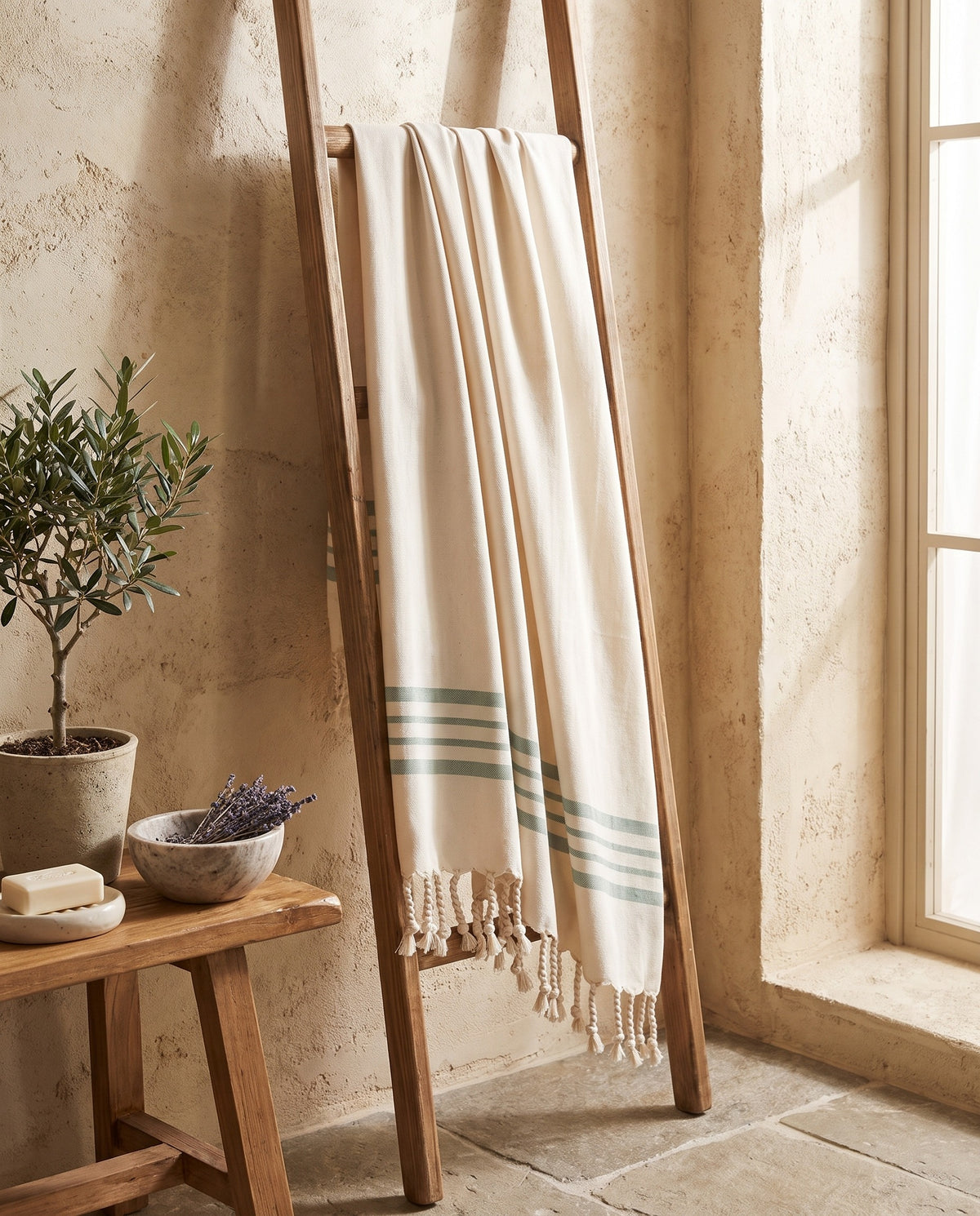 kleine hamamdoek Krem Sultan natural almond green - sfeer