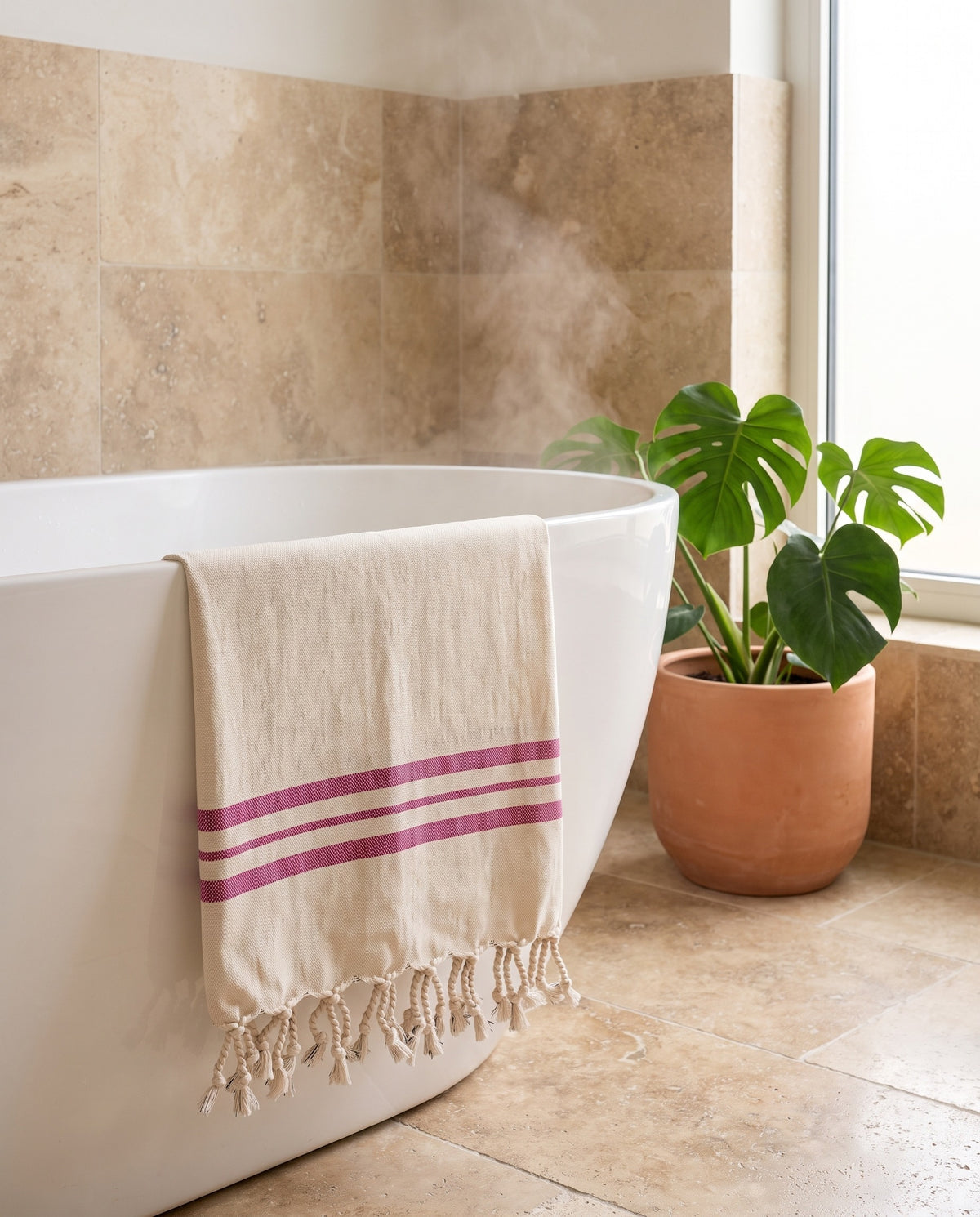 kleine hamamdoek Krem Sultan natural fuchsia - sfeer