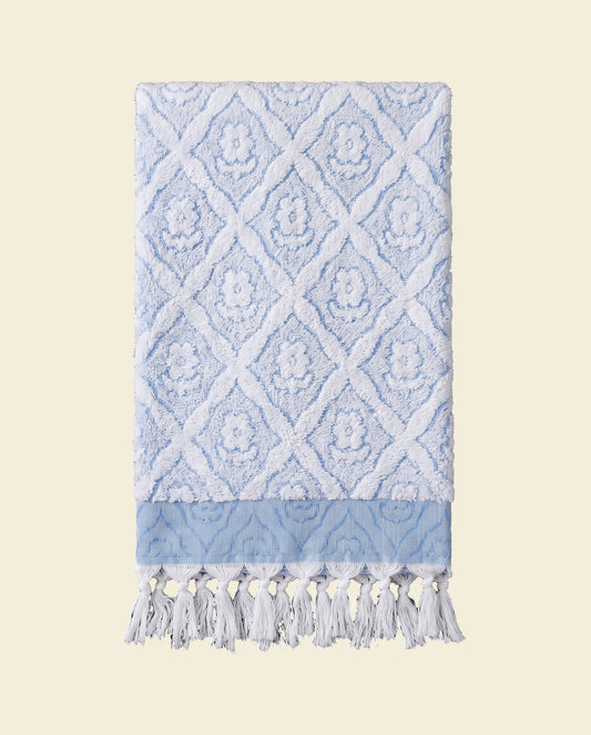 luxe badhanddoek Bloem mediteraanblauw - op kleur