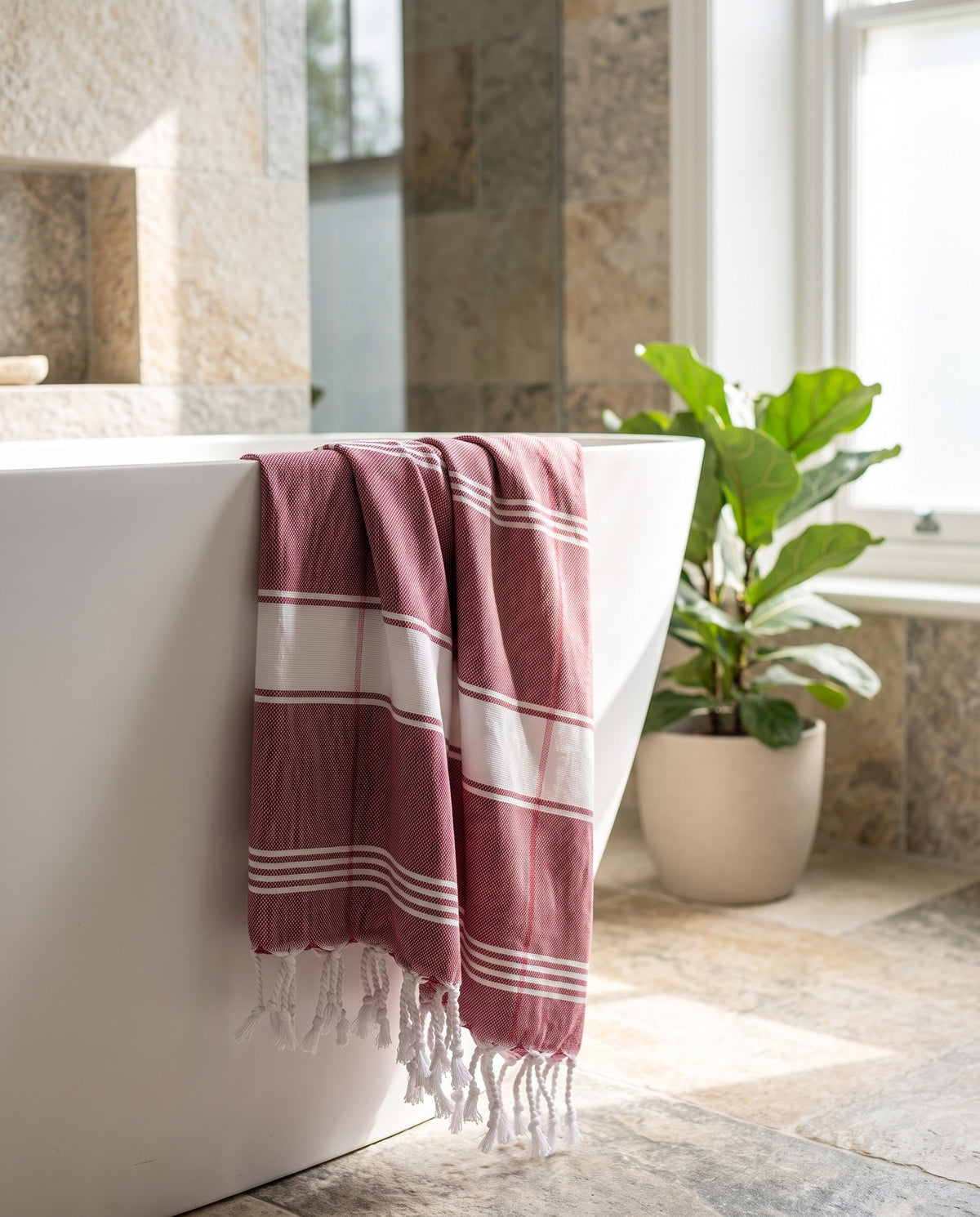 organic hamamdoek biokatoen bordeaux wit - sfeer