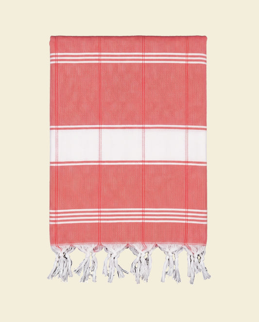 organic hamamdoek biokatoen koraalrood wit - op kleur