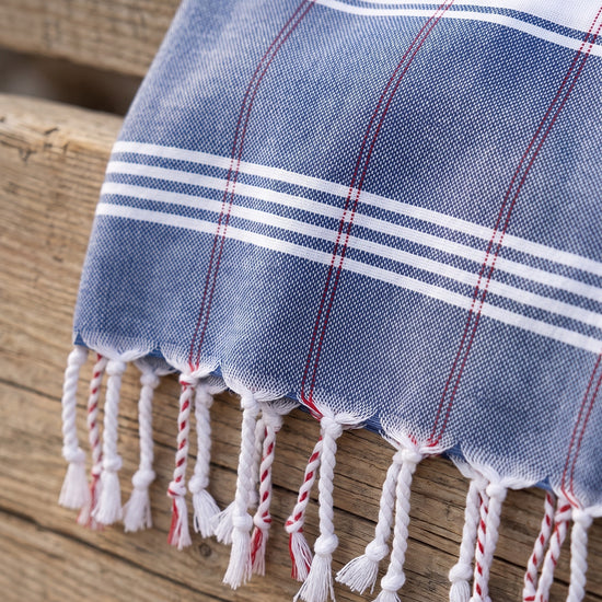 organic hamamdoek biokatoen marineblauw wit - detail