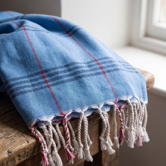 organic hamamdoek biokatoen mediteraanblauw - detail