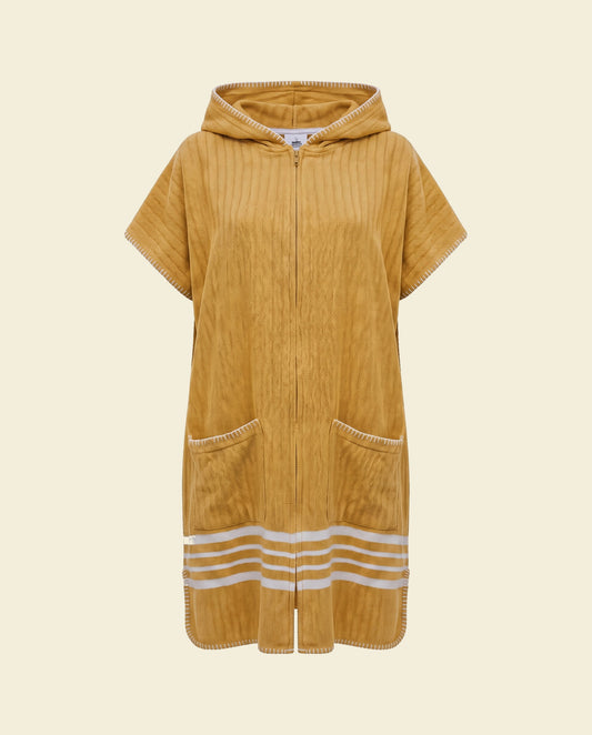 sauna en strandponcho met rits mustard yellow - op kleur