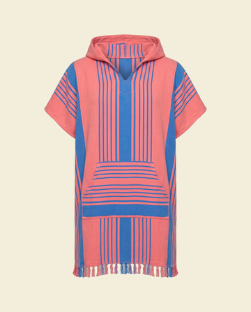 surf en zwemponcho koraalrood/mediteraanblauw