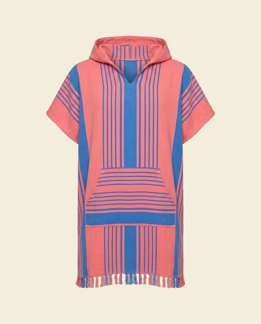 surf en zwemponcho koraalrood/mediteraanblauw - op kleur