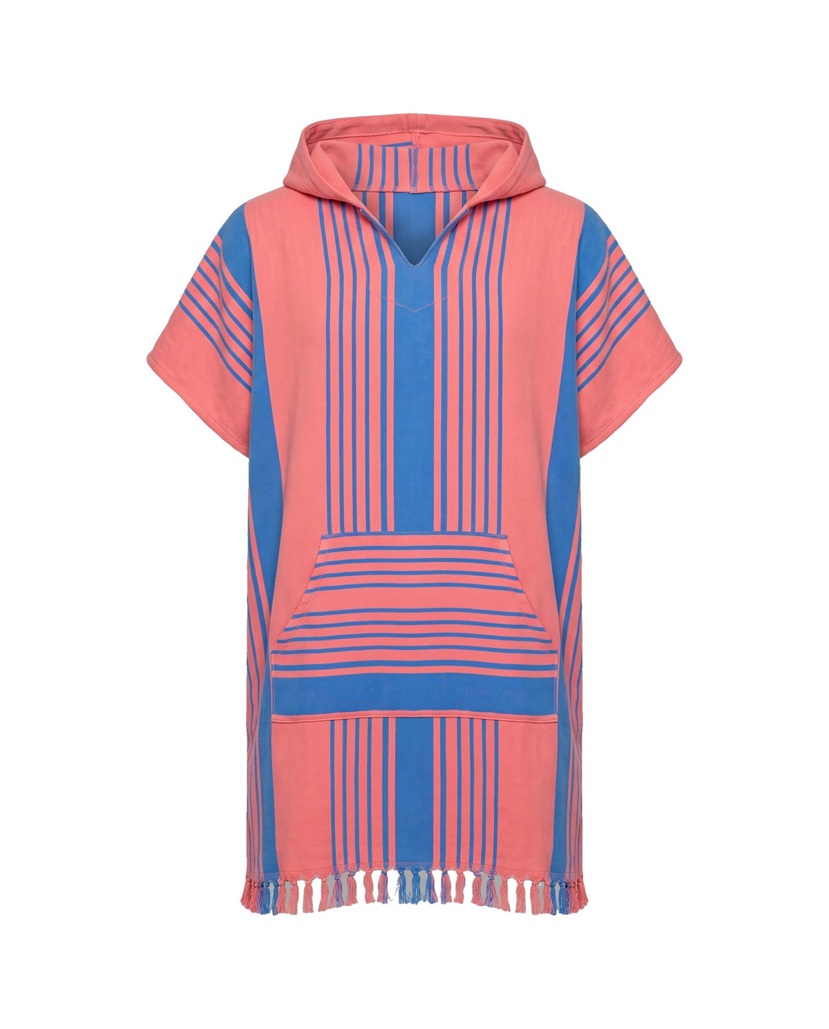surf en zwemponcho koraalrood/mediteraanblauw - vrijstaand